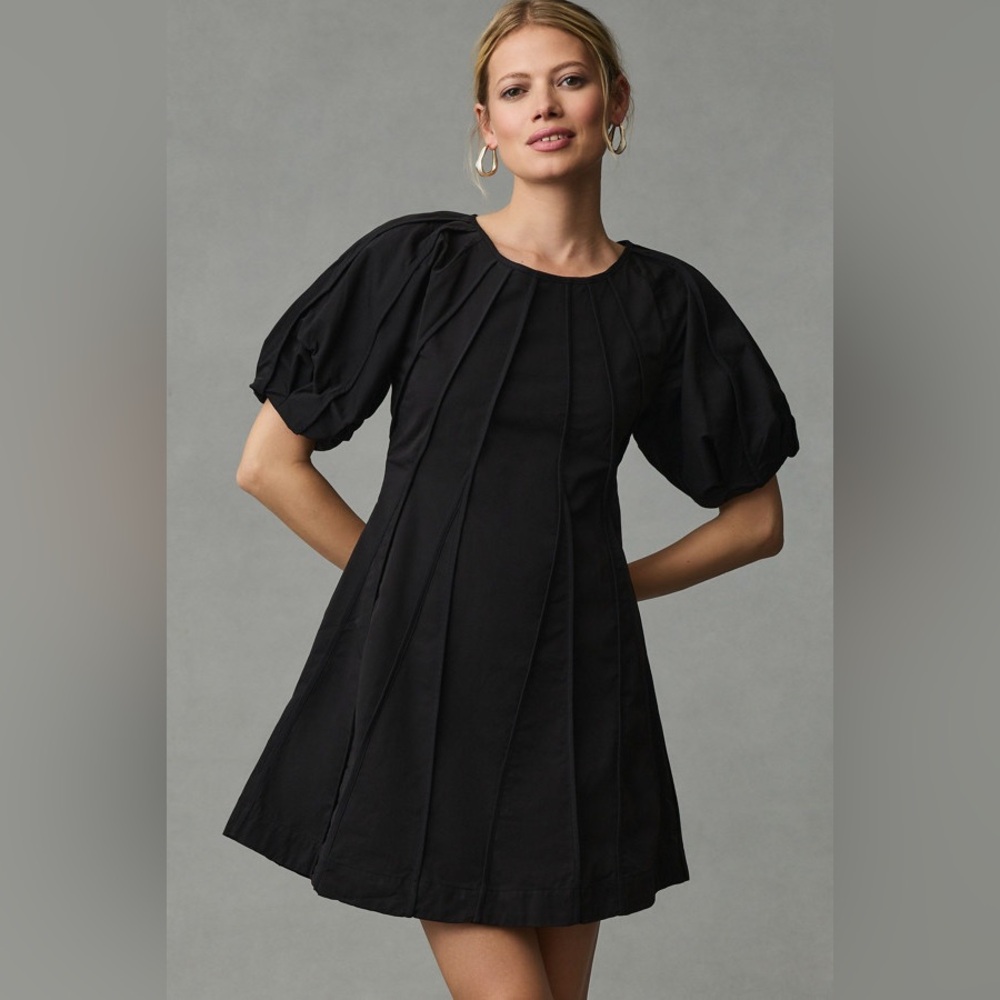 Aureta Anthropologie Puff-Sleeve Seamed A-Line Dress size‎ small black